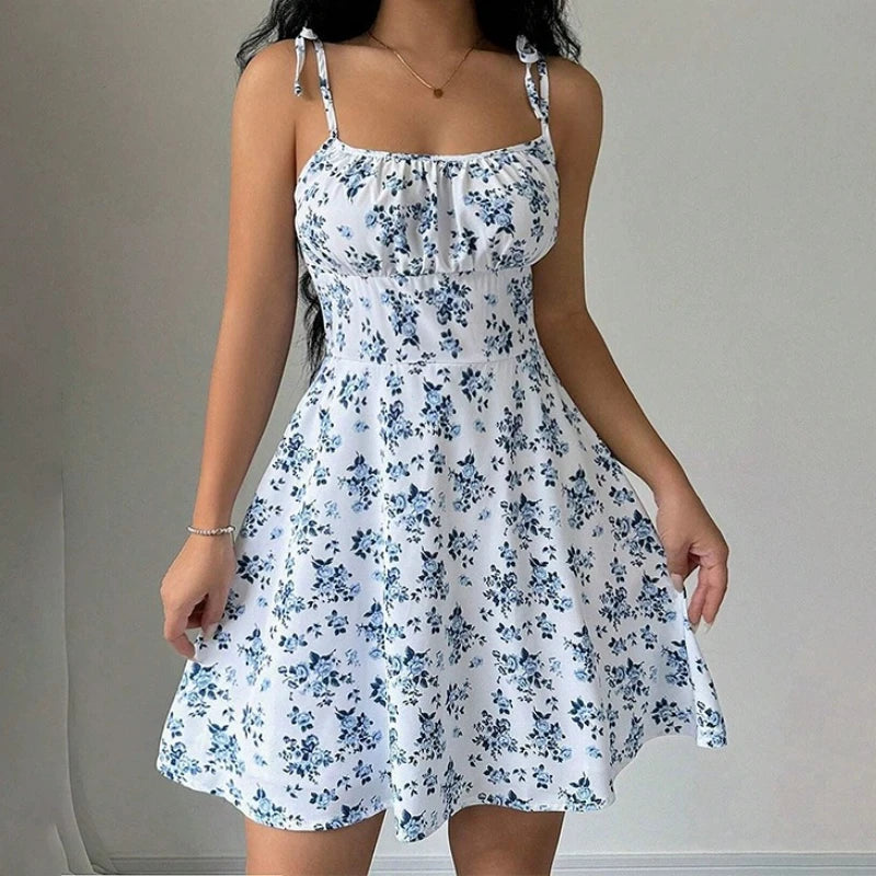 Women's Floral Spaghetti Strap Mini Sundress – Lightweight Summer Beach Dress with Square Neck