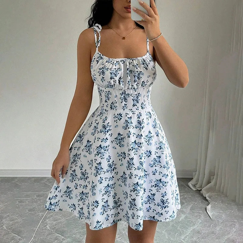 Women's Floral Spaghetti Strap Mini Sundress – Lightweight Summer Beach Dress with Square Neck