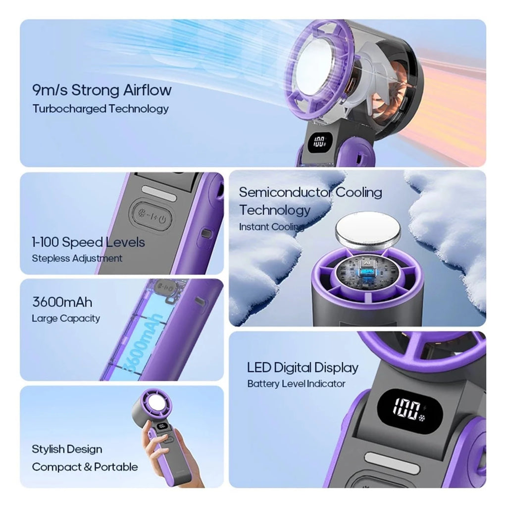 Portable Turbo Cooling Fan – 3600mAh, 100 Speeds, Foldable