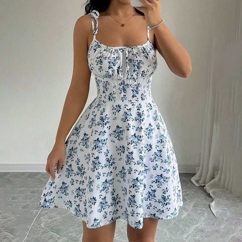 Women's Floral Spaghetti Strap Mini Sundress – Lightweight Summer Beach Dress with Square Neck